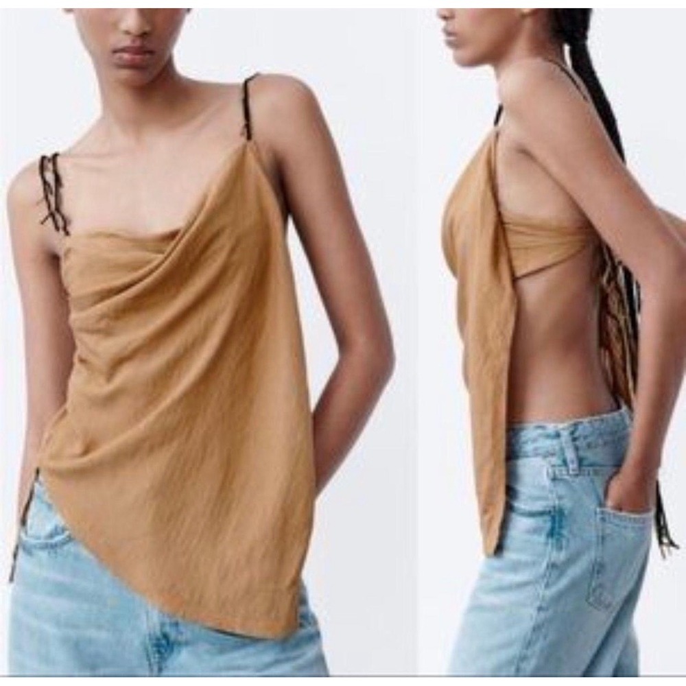 Zara Camisole Top Medium Brown  Draped Cowl Neck Beaded Straps Boho Tie Side